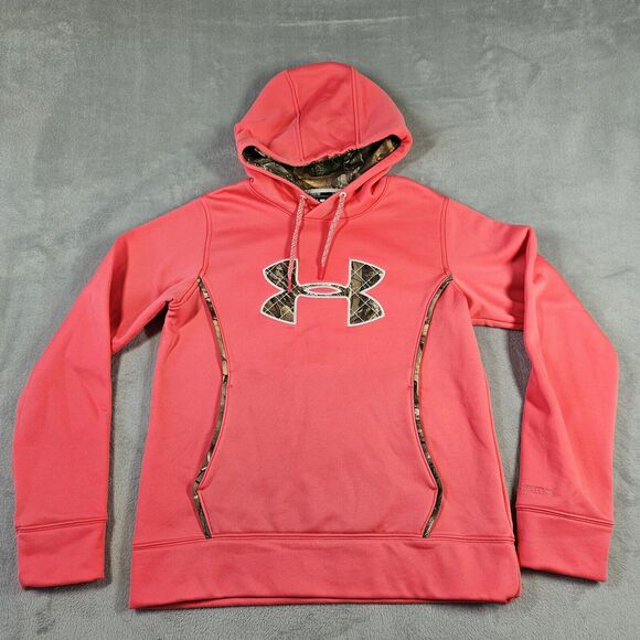 Under Armour Storm Women's M Camo Trim Pink Hoodie Sweatshirt Fleece Semi Fitted - Picture 1 of 9